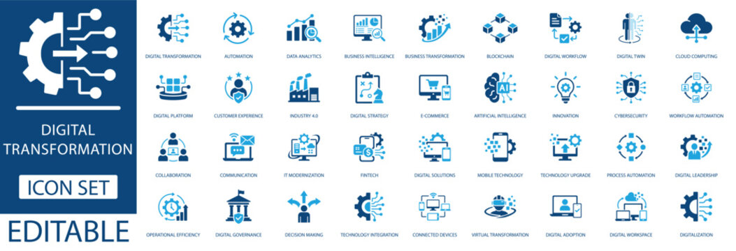 Digital transformation icon set. featuring industry 4.0, automation, artificial intelligence, data analytics, cloud computing, blockchain. vector design.
