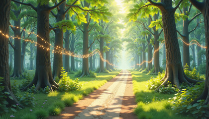 Fototapeta premium tranquil forest pathway illuminated by soft lights surrounded by lush greenery and gentle foliage inviting exploration and reflection, with copy space