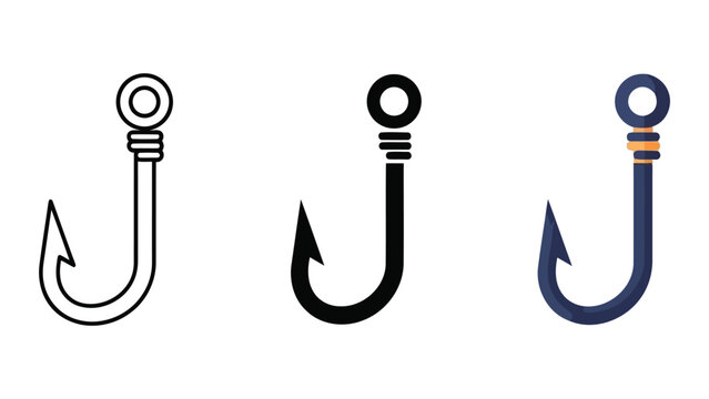 Fishing hook vector icon set in line art silhouette and flat design styles