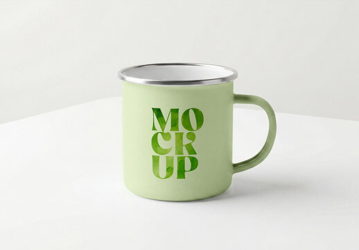 Green Enamel Mug Mockup on White Table with Bold Typography