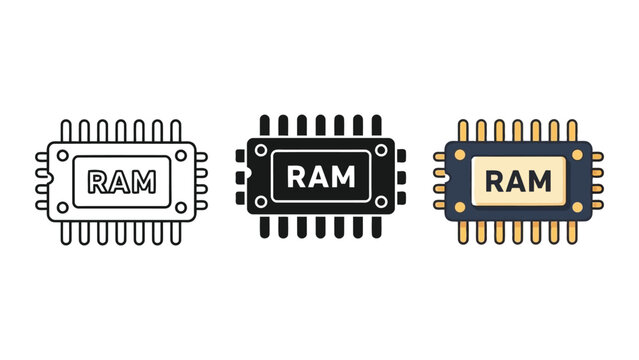 RAM memory chip vector icon set in line art solid and flat styles