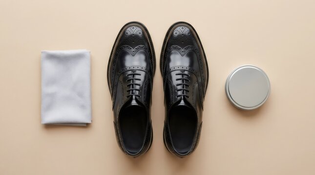 Black leather brogue shoes with shoe polish and cloth on beige background. Professional footwear maintenance and repair kit. Elegant classic style accessory care workshop concept.