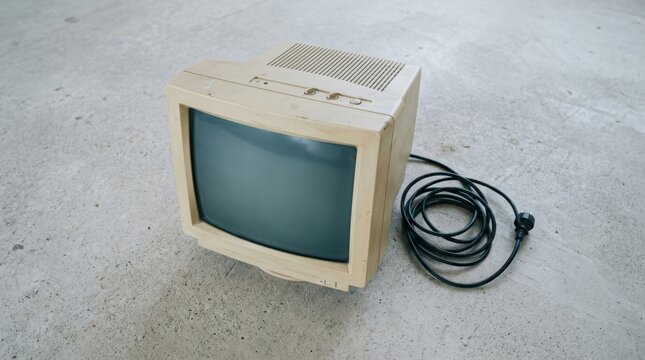 Old beige computer monitor sitting on concrete floor. Vintage cathode ray tube display with power cable. Retro electronic device representing classic information technology and computing.