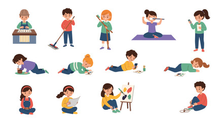 Fototapeta premium Multiethnic children performing different daily activities like painting, reading, sweeping, and brushing their teeth.