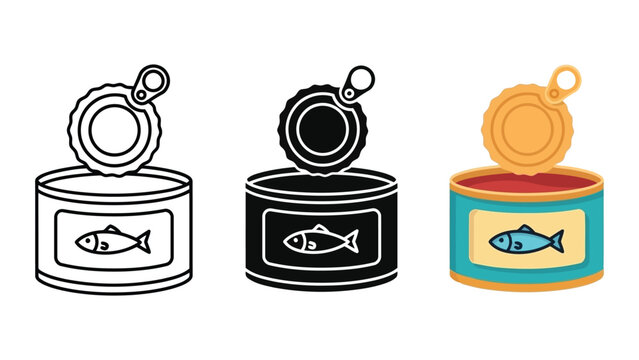Open tuna fish can vector illustration set in line art and flat style