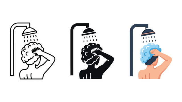 Person washing hair in shower vector illustration set