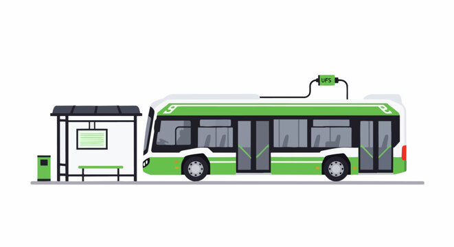 Electric Bus at Public Transit Stop with Fast Charging System Infrastructure Flat Vector Illustration