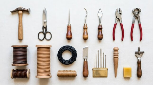 Leatherworking tools and materials arranged on white background. Shoemaker equipment for handmade craft. Hobbyist leather smith supplies for artisan manufacture of accessories. Flat lay.
