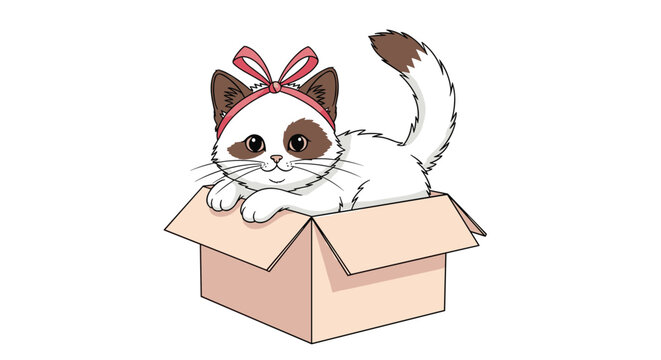 Adorable white and brown kitten with a red ribbon bow on its head sitting inside a cardboard box and looking forward.
