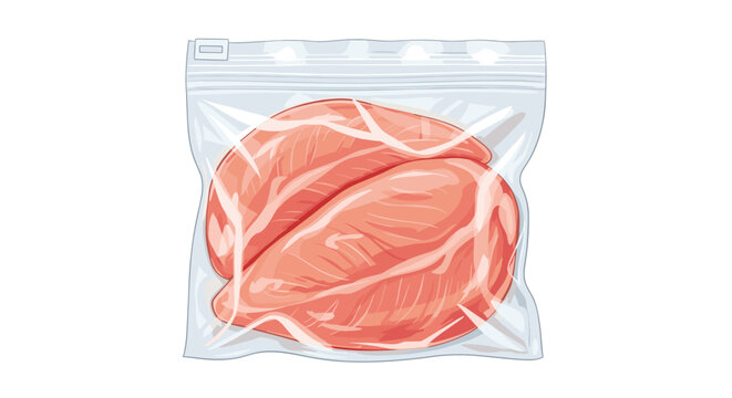 Raw fresh chicken breast fillets stored safely inside transparent plastic zip lock bag for preservation or sous vide cooking.