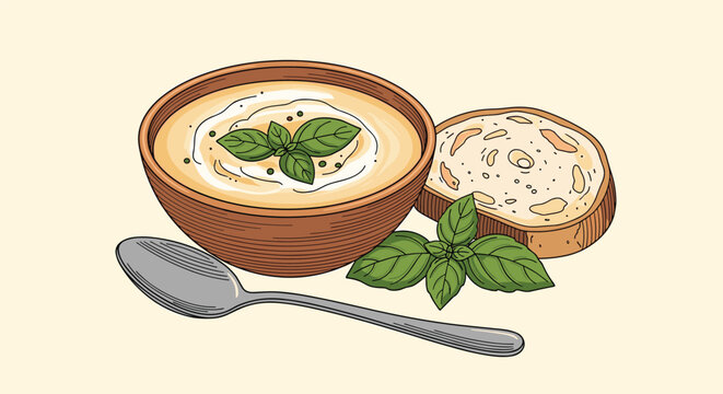 Delicious bowl of creamy vegetable soup garnished with fresh basil leaves served with a slice of crusty bread and spoon.