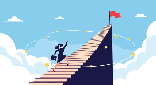 Ambitious businesswoman running up long flight of stairs towards red goal flag reaching into clear blue sky above clouds.