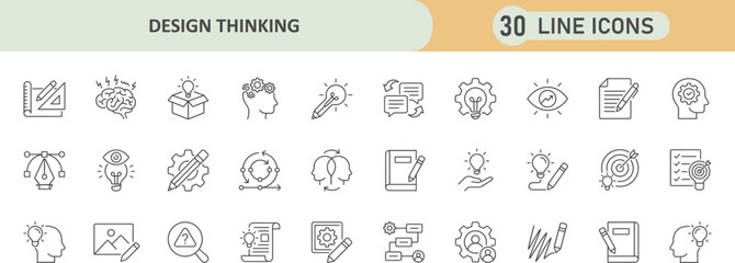 Design thinking process concept 30 linear icons set with thinking innovation creativity strategy development ideation solution business planning research brainstorming workflow management © Iconwale