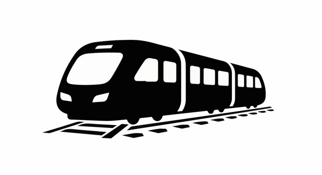 Sleek, modern train with multiple carriages travels on railroad tracks