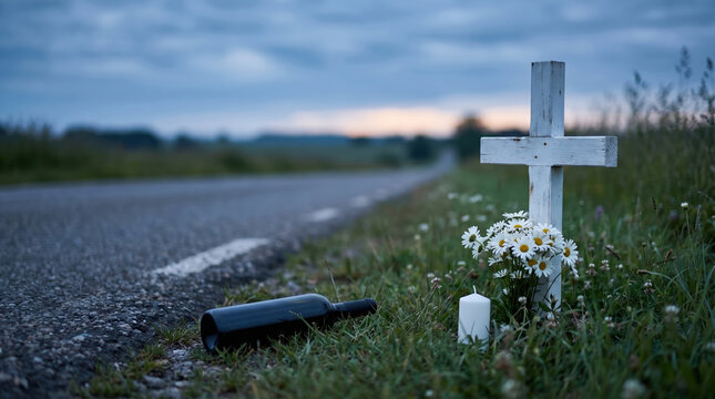 Roadside cross with flowers and wine bottle near asphalt road. Concept of fatal car accident caused by drunk driving. Traffic safety awareness and consequences of alcohol consumption.