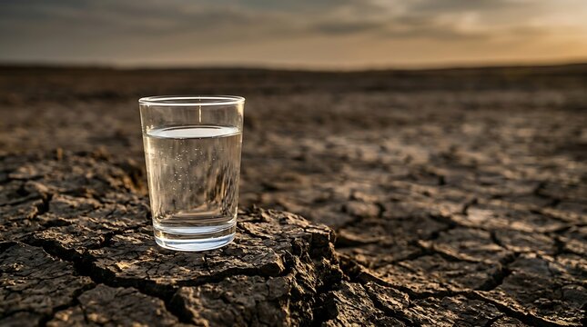 Glass of clean water on parched cracked earth in a desert landscape