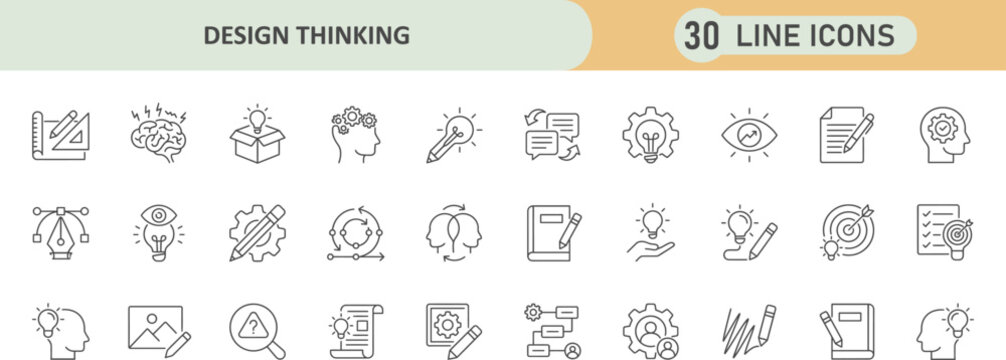 Design thinking process concept 30 linear icons set with thinking innovation creativity strategy development ideation solution business planning research brainstorming workflow management