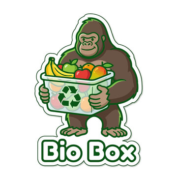 Friendly cartoon gorilla holding bio degradable box filled with fresh organic produce for eco friendly recycling campaign