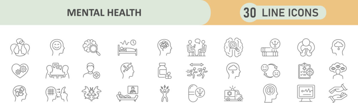 Mental health and psychological well being 30 line icons with psychology wellbeing emotional wellness feelings mindfulness meditation cognitive counseling positivity graphics minimalist
