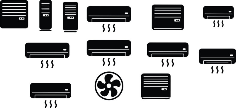 Air conditioner system and ventilation cooling fan glyph icon set with split wall unit window AC portable climate control elements isolated vector illustration
