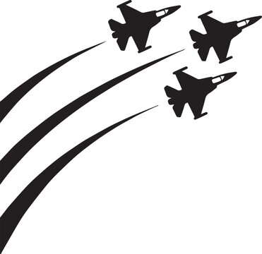 Three black fighter jets flying in formation with motion trails on white background
