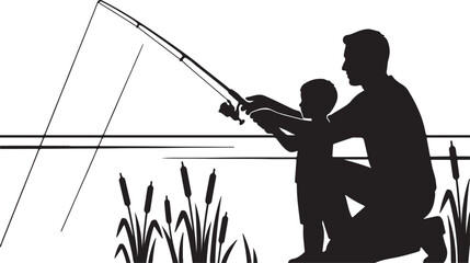 Naklejka premium Happy Fathers Day Serene Father and Child Fishing by Calm Lake Silhouette Vector