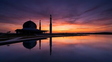 Obraz premium Beautiful mosque silhouette reflecting on water during vibrant sunset