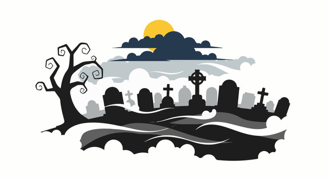 Spooky graveyard scene with twisted tree under a full moon and clouds
