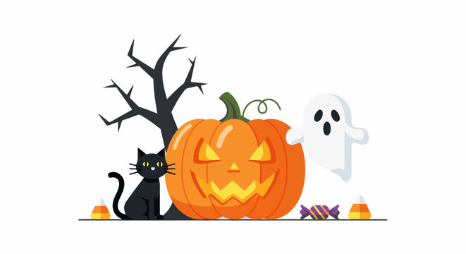 Spooky scene with jack-o-lantern, black cat, ghost, candy, and bare tree