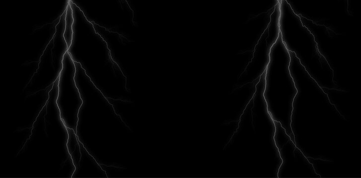 Lightning bolts on black background, electricity and thunder storm