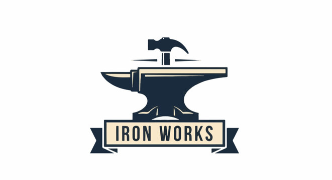 Stylized anvil with hammer poised, resting on a banner