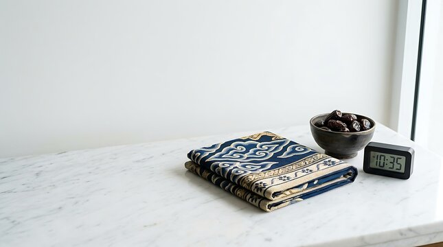 Folded prayer rug with a bowl of dates and digital clock on marble