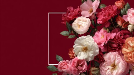 Fototapeta premium Elegant Romantic Floral Arrangement with Roses in a Frame on a Deep Red Background