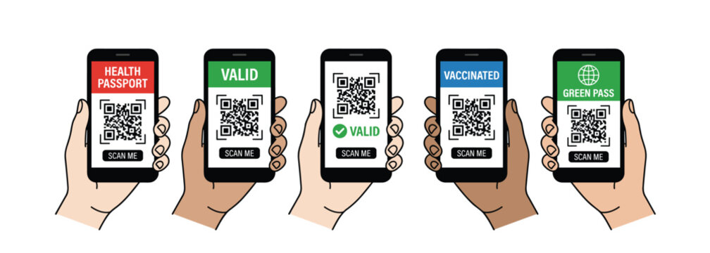 Digital health passport vector illustration set. Smartphone screens with QR codes, valid green pass, vaccinated status tags, hands holding mobile phones and travel immunity check graphics.