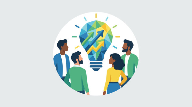 Teamwork and innovation a diverse group collaborates on a bright idea represented by a lightbulb with growth charts