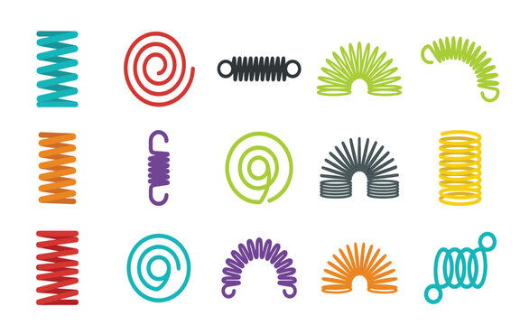 Mechanical spring and coil vector icon set. Colorful metal spirals, flexible compression springs, tension hardware, toy slinky shapes and industrial engineering elements.