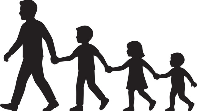 Happy Fathers Day Father Walking Hand in Hand with Three Children in Line Silhouette
