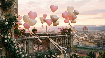 Fototapeta premium Rooftop terrace decorated with heart shaped balloons overlooking historic city skyline at golden hour. romantic celebration setup with floral garlands on stone balustrade and soft pastel tones.