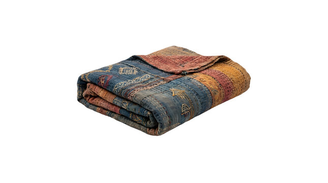 Vibrant patchwork quilt with colorful patterns isolated on transparent background