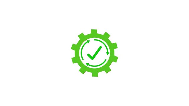 Gear icon animation with green check mark on white background. Gear icon circular arrow refresh with check mark animation . Setting gear technical and approval concept.