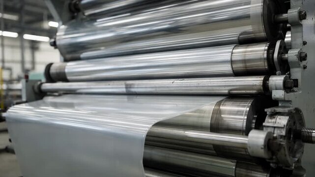 Medium angle capture of supercalender stack with tightly arranged rolls producing ultraglossy highquality finish on thin films highlighting precision engineering