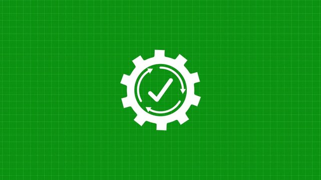 Gear icon animation with white check mark on green background. Gear icon circular arrow refresh with check mark animation . Setting gear technical and approval concept.