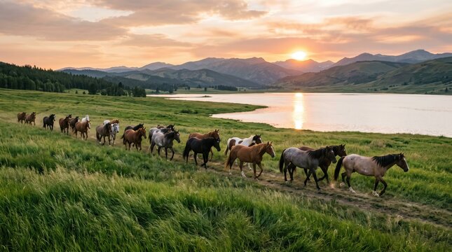Herd of horses trotting along lakeshore at sunrise. pastoral group of mixed colored equines moving on grassy bank with calm water, distant hills and soft morning light.
