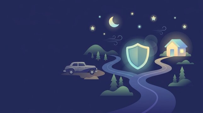 Shield symbol on split road leading to house at night