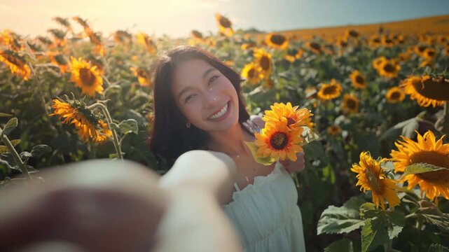 Happy young Asian woman taking selfie in beautiful sunflower field at sunset, pov of cheerful female tourist smiling in yellow flower garden during golden hour, smartphone photo, summer vacation trave