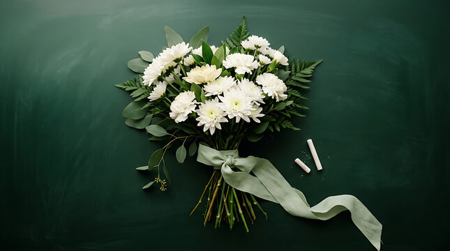 Bouquet of white flowers tied with green ribbon on dark green background with chalk