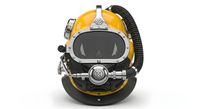 Vintage deep sea diver helmet on white background, professional equipment.