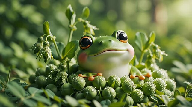 Cute green frog toy sitting on green pearls.