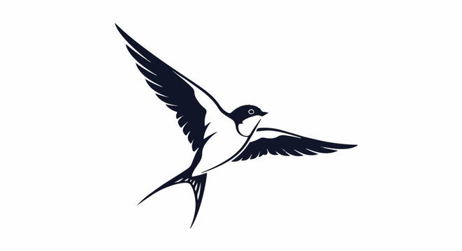 Silhouette of a swift bird in flight, dark blue, white background