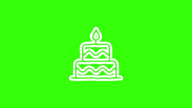 Animated hand-drawn birthday cake with a lit candle on top, white outline sketch on green screen video 4k